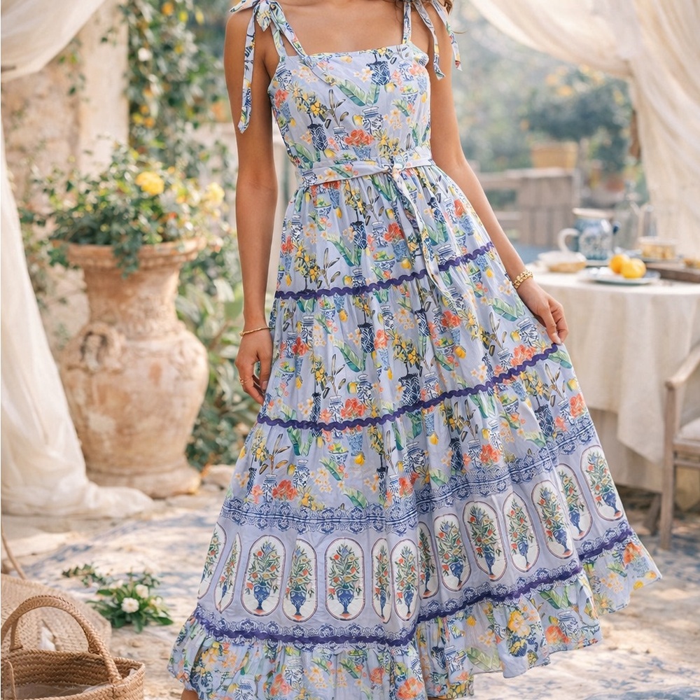 EMILY LOVELOCK Tiered Chinoiserie Ginger Jar Printed Poplin Midi Dress | Size M